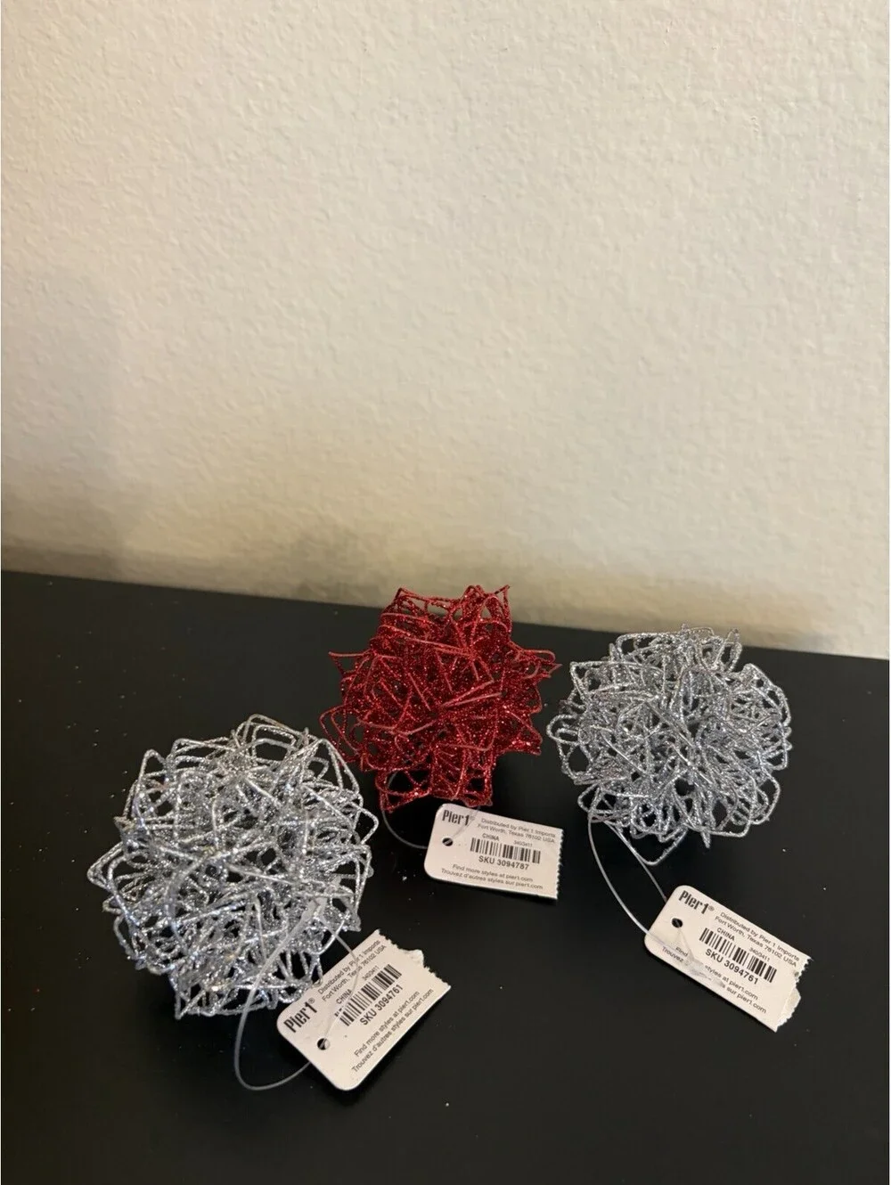 Pier 1 VTG Glitter Ball Wire Ornaments Set Of 3 1Red 2 Silver Tags Hang Or Sit